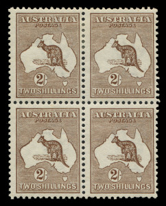 AUSTRALIA: Kangaroos - First Watermark: 2/- Brown block of 4, fine mint, the lower units MUH. BW:35 - Cat.$6,800+. A most desirable multiple.