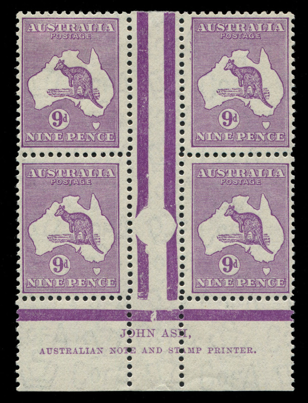 AUSTRALIA: Kangaroos - CofA Watermark: 9d Violet Die IIB Plate 4 Ash Imprint ('N' over 'N') Second State with "screw-hole" in Jubilee Lines, variety "Die II substitution", three units unmounted. BW: #28(4)b - Cat $650 (mounted).