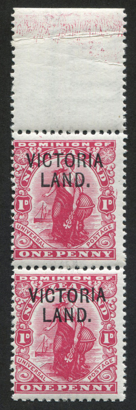 NEW ZEALAND: ANTARCTIC EXPEDITIONS: 1911-13 (SG.A3) 1d VICTORIA LAND overprints, vertical pair with top margin, (2) MUH. 