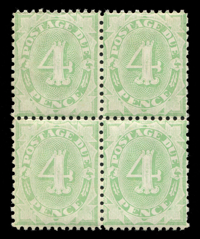 AUSTRALIA: Postage Dues: 1906-08 (SG.D49) Wmk Crown/A 4d Green block of 4, lower-left & upper-right units with 'EN' of 'PENCE' joined, fresh MUH, Cat £280++.