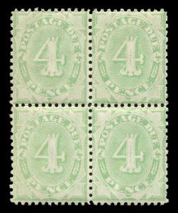 AUSTRALIA: Postage Dues: 1906-08 (SG.D49) Wmk Crown/A 4d Green block of 4, lower-left & upper-right units with 'EN' of 'PENCE' joined, fresh MUH, Cat £280++.