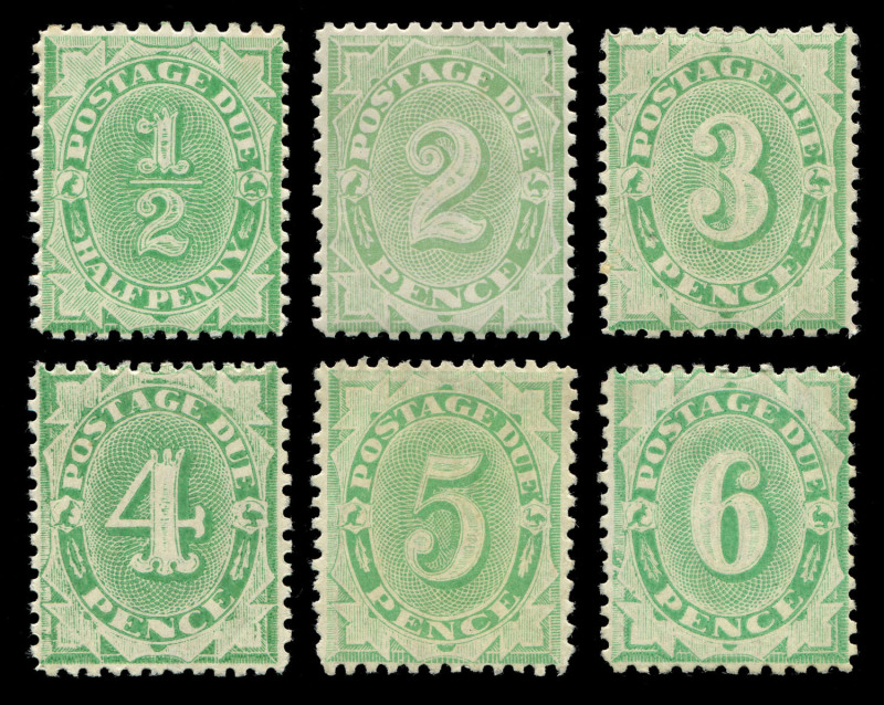 AUSTRALIA: Postage Dues: 1902-04 (between SG.D22-D28) Completed Design ½d to 6d selection comprising ½d BW. D16, 2d D21 (marginal wmk 'UST'), 3d D24 4d D26, 5d D29 & 6d D32; all fine MUH. Brusden White - Cat $1,150.