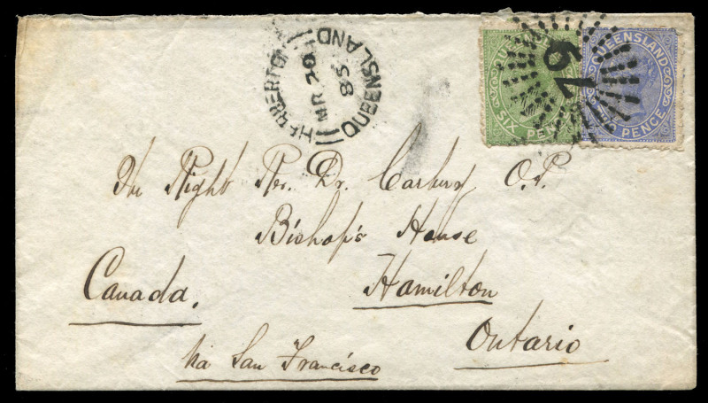 1885 (Mar.20) cover to Hamilton, Ontario via San Francisco with 6d & 2d Sidefaces tied by bold strike of Rays '79' canceller, adjacent strike of Type 1a HERBERTON datestamp (Type 1a unrecorded for Herberton by Manning), on reverse transits for CAIRNS, SYD