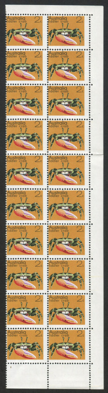 AUSTRALIA: Decimal Issues: 1973-74 (SG.546) Marine Life 2c Fiddler Crab block of 20 (2x10) from left of the sheet, all units variety "Perforations misplaced downwards and to the right", not the listed variety (BW:637ba) but equally as impressive, MUH.