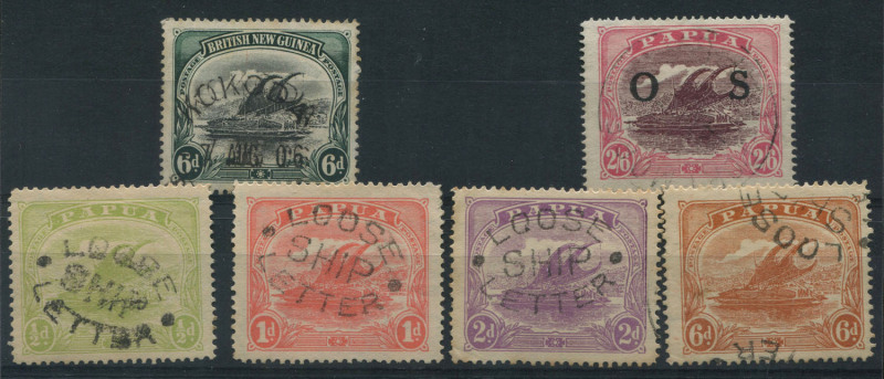 PAPUA: Specialist group with 1901-5 (SG.14) Thick paper, wmk vert. 6d black & myrtle-green, FU with large part KOKODA AUG 06 cds; 1911-15 Monocolour ½d green, 1d rose-pink, 2d bright mauve & 6d orange-brown, all showing fine strikes of the "LOOSE SHIP LE