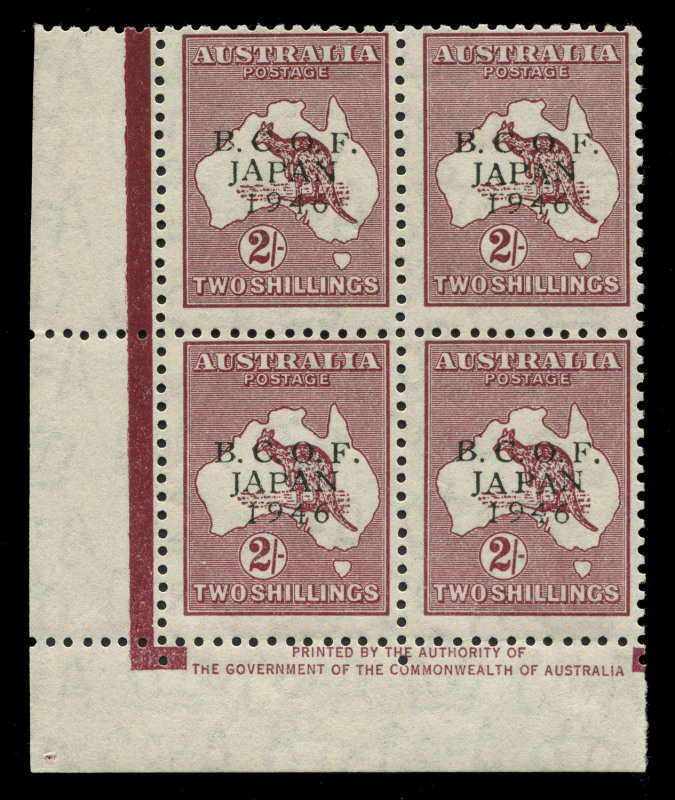 AUSTRALIA: BCOF Japan: 1947 (SG.J6) 2/- Kangaroo, left corner Authority Imprint blk.(4), MUH. BW:J6z - $475.