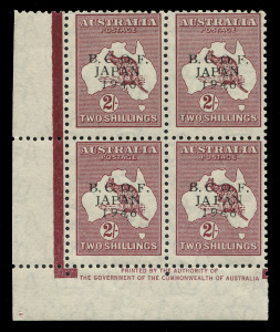 AUSTRALIA: BCOF Japan: 1947 (SG.J6) 2/- Kangaroo, left corner Authority Imprint blk.(4), MUH. BW:J6z - $475.