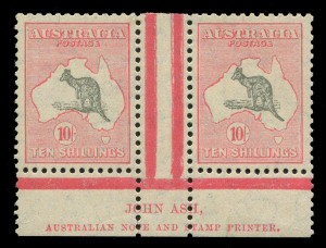 AUSTRALIA: Kangaroos - CofA Watermark: 10/- Grey & Pink John Ash Imprint pair, right-hand unit with variety "Open-mouthed kangaroo" [R55], exemplary centring for an imprint piece, fresh MUH. BW:50zc - Cat. $3750 as a mounted imprint pair, or $5500 for tw