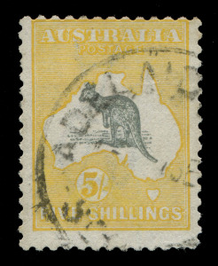 AUSTRALIA: Kangaroos - Third Watermark: 5/- Grey & Yellow WATERMARK INVERTED, fine used with ADELAIDE datestamp. BW: 44a - Cat. $2000.