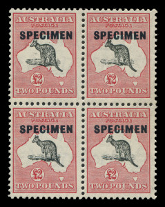 AUSTRALIA: Kangaroos - CofA Watermark: 10/-, £1 & £2 with Type D 'SPECIMEN' overprints in blocks of 4, 10/- (minor perf tones) both lower units unlisted "Blunt-nosed kangaroo", £2 upper-left unit "Fox-faced kangaroo" [R38]; mild even gum tone £1 & £2 blo