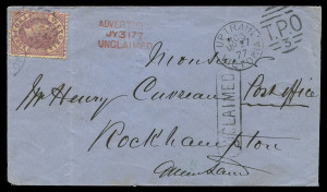 VICTORIA - Postal History: 1877 (Mar.27) cover to Rockhampton, Queensland with superb strike of 'UP TRAIN/MC3/TPO3' duplex in upper-right corner and 2d Bell in upper-left corner tied by weaker strike of the same cancel, undelivered with 'ADVERTISED/JY3177/UNCLAIMED' three-line handstamp in red and boxed 'UNCLAIMED' handstamp, on reverse MELBOURNE, ROCKHAMPTON, DEAD LETTER OFFICE/QUEENSLAND (in red) and DLB/VICTORIA (in green) datestamps.