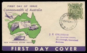 AUSTRALIA: Other Pre-Decimals: 1948-56 (SG.224a-d) 5/- & 10/- (both registered), £1 & £2 on matching generic FDCs, 5/-, £1 & £2 serviced at Maryborough with Collishaw address handstamps, 10/- (some toning) serviced at Brisbane with 'EXPRESS' handstamp & typed address; appropriate FDI datestamps, Cat. $2,760. (4 items)