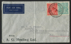 AUSTRALIA: KGV Heads - CofA Watermark: 1937 (SG.131) use of KGV 1/4d Turquoise-Blue plus 2d Scarlet paying 1/6d airmail rate on 1937 (Mar.9) small airmail cover to England; central fold, fine condition overall. BW:131 - Cat. $300 on cover.