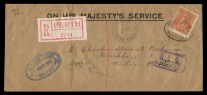 AUSTRALIA: KGV Heads - Single Watermark: 5d Chestnut Single-Line Perf.14 perf 'OS' Rough Paper tied by 'REGISTERED/PERTH' oval datestamp to Perth 'Office of Titles' cover to Victoria Park, 'UNCLAIMED' & 'DLO' handstamps, appropriate backstamps. BW:124 - Cat. $1500 on cover.