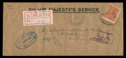 AUSTRALIA: KGV Heads - Single Watermark: 5d Chestnut Single-Line Perf.14 perf 'OS' Rough Paper tied by 'REGISTERED/PERTH' oval datestamp to Perth 'Office of Titles' cover to Victoria Park, 'UNCLAIMED' & 'DLO' handstamps, appropriate backstamps. BW:124 -