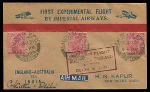 INDIA - Aerophilately & Flight Covers: THE FIRST EXPERIMENTAL AIRMAIL FROM ENGLAND TO & FROM AUSTRALIA: A collection of 5 different intermediates comprising of: Calcutta to Rangoon (13-15 April); Allahabad to Calcutta (13 - 14 April); New Delhi to Calcutta (12 - 14 April); and from the return flight, Allahabad to Delhi (2 - 4 May) and Calcutta to Delhi (1 - 4 May). (5 items).