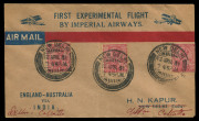 INDIA - Aerophilately & Flight Covers: THE FIRST EXPERIMENTAL AIRMAIL FROM ENGLAND TO & FROM AUSTRALIA: A collection of 5 different intermediates comprising of: Calcutta to Rangoon (13-15 April); Allahabad to Calcutta (13 - 14 April); New Delhi to Calcut - 3