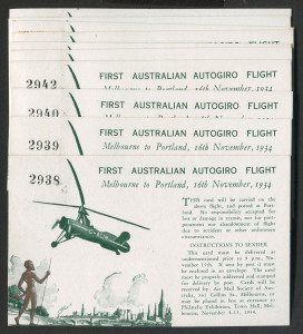 AUSTRALIA: Aerophilately & Flight Covers: 16 Nov.1934 (AAMC.461) Melbourne to Portland autogiro (helicopter) flown pictorial postcards, (10); a special event associated with the Centenary of Victoria Philatelic Exhibition at the Melbourne Town Hall, Nov.8 - 15. Cat.$750.