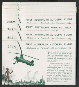 AUSTRALIA: Aerophilately & Flight Covers: 16 Nov.1934 (AAMC.461) Melbourne to Portland autogiro (helicopter) flown pictorial postcards, (10); a special event associated with the Centenary of Victoria Philatelic Exhibition at the Melbourne Town Hall, Nov.