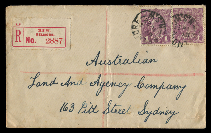 AUSTRALIA: KGV Heads - Single Watermark: Very scarce on-cover use of 4d Violet in combination with 1d Violet on 1922 (May 4) Belmore (NSW) registered cover to Sydney, BELMORE & SYDNEY backstamps. 4d Violet alone Cat. $450 on commercial cover. The KGV