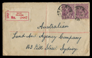 AUSTRALIA: KGV Heads - Single Watermark: Very scarce on-cover use of 4d Violet in combination with 1d Violet on 1922 (May 4) Belmore (NSW) registered cover to Sydney, BELMORE & SYDNEY backstamps. 4d Violet alone Cat. $450 on commercial cover. The KGV 4d Ultramarine was issued in March 1922 to avoid the confusion caused by having 1d & 4d values in the same colour. Stocks of the 4d Violet apparently lasted for some time after the 4d Ultramarine was introduced.