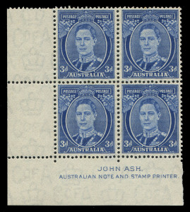 AUSTRALIA: Other Pre-Decimals: 1937-49 (SG.186) 3d Bright Blue Die III, P.15x14 Ash Imprint left corner block of 4, MUH, Cat.$325.