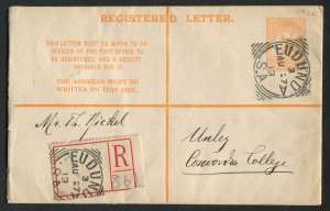 AUSTRALIA: Postal Stationery: Registration Envelopes: 1913 4d Kangaroo 'REGISTERED LETTER' at top, 1913 (Aug.27) postal use with EUDUNDA (SA) squared-circle datestamps (2), one on rouletted provisional red/white registration label, UNLEY (SA) backstamp. 