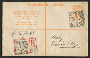 AUSTRALIA: Postal Stationery: Registration Envelopes: 1913 4d Kangaroo 'REGISTERED LETTER' at top, 1913 (Aug.27) postal use with EUDUNDA (SA) squared-circle datestamps (2), one on rouletted provisional red/white registration label, UNLEY (SA) backstamp. BW:RE3.