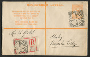 AUSTRALIA: Postal Stationery: Registration Envelopes: 1913 4d Kangaroo 'REGISTERED LETTER' at top, 1913 (Aug.27) postal use with EUDUNDA (SA) squared-circle datestamps (2), one on rouletted provisional red/white registration label, UNLEY (SA) backstamp.