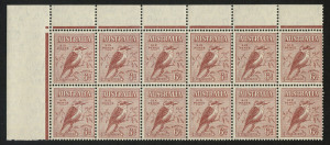 AUSTRALIA: Other Pre-Decimals: 1932 (SG.146) 6d Kookaburra corner marginal block of 12 (6x2), MUH; also 1/- Large Lyrebird SG.140 marginal single MUH; Cat. $400+.