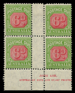 AUSTRALIA: Postage Dues: 1931-36 (SG.D110) Wmk Multiple Crown CofA 6d carmine & yellow Ash Imprint block of 4 with varieties "Break in frame over 'U' of 'AUSTRALIA'" [LP60] and "'RA' of 'AUSTRALIA' of joined" [RP55], hinged in central gutter (one stamp j