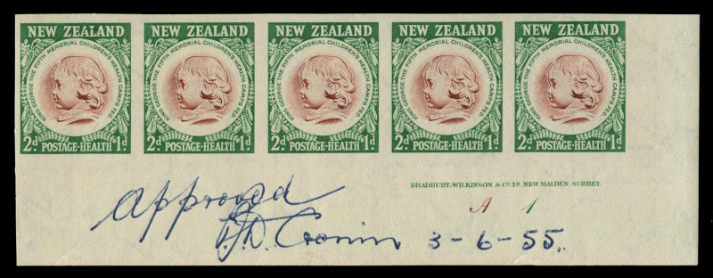 NEW ZEALAND: Plate Proofs:1955 (SG.742-44) 'Medallion' Health set in imperforate Plate Proof corner strips of 5 with Bradbury Wilkinson imprints & Plate Nos, endorsed "Approved", signed and dated, fresh MUH. (3 strips)