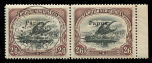 PAPUA: OFFICIALS: 1908 (SG.O1) Watermark Horizontal Thick Paper 2/6d black & brown Small 'Papua' perf 'OS' with PORT MORSEBY CTO cancel, in a horizontal marginal pair with unpunctured (perfin omitted) uncancelled stamp (SG.37); large part o.g. A most unusual se-tenant item.