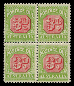 AUSTRALIA: Postage Dues: 1931-36 (SG.D108) 3d Carmine & Yellow-Green Perf.11 block of 4, fine mint with two units MUH. Lovely multiple, Cat £300++.
