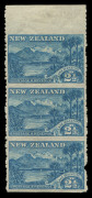 NEW ZEALAND: 1889-1903 (SG.260a, CP.E8bX) 2½d Blue Lake Wakatipu vertical strip of 3 from the top of the sheet "IMPERFORATE HORIZONTALLY" (lower unit small perf defect), large part o.g., Cat. £1500+.