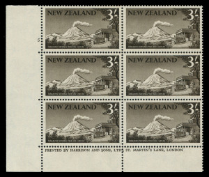NEW ZEALAND: 1960-66 (SG.799, CP.O18a) 3/- Tongariro National Park in blackish-brown, Plate 5 Harrison & Sons Imprint corner block of 6, MUH, CP Cat. NZ$600+.