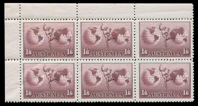 AUSTRALIA: Other Pre-Decimals: 1934-48 (SG.153) No Watermark 1/6 Hermes Perf.11 corner marginal block of 6, upper right unit "Extra island west of Java", well centred, fresh MUH. BW:161&e - Cat. $775+.