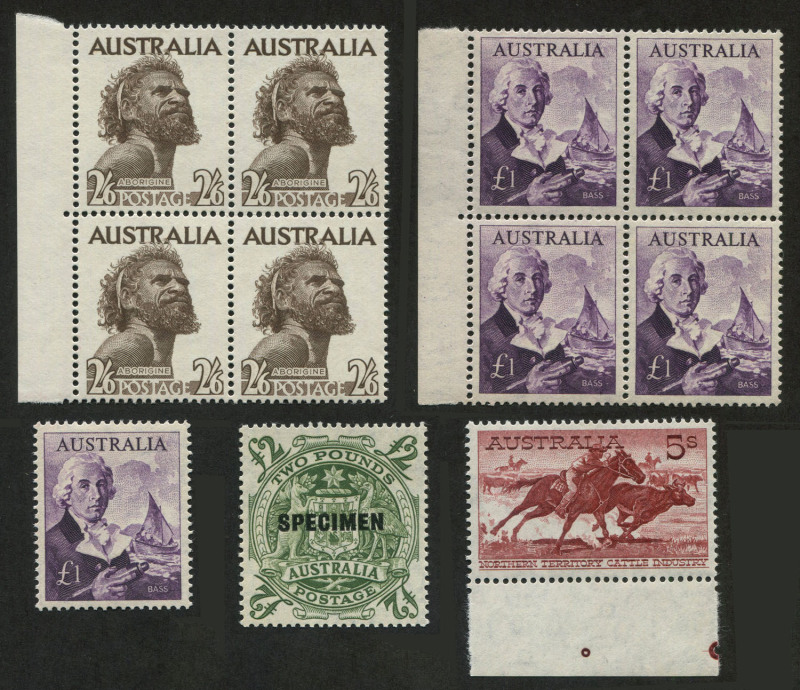 AUSTRALIA: Other Pre-Decimals: 1952-1965 pre-decimal MUH group comprising No Watermark 2/6d Sepia marginal block of 4, £2 Arms optd 'SPECIMEN', £1 Navigators Cream Paper marginal block of 4 & single, 5/- Cattle White Paper perf pip single. (5 items).