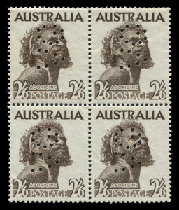 AUSTRALIA: General & Miscellaneous: 'VG' PERFINS: Selection of mostly MUH multiples with pre-decimal 6d Small Kooka block of 6, No Wmk 1959-64 Animals 6d to 1/2 blocks of 4 (6d to 1/- with 'VG' inverted) plus extra 6d block of 6, 2/6 Aborigine blk.4, also a few early decimals in multiples incl 25c Robin blk.10, and 50c Dampier single. (78 stamps)