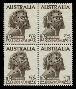 AUSTRALIA: General & Miscellaneous: 'VG' PERFINS: Selection of mostly MUH multiples with pre-decimal 6d Small Kooka block of 6, No Wmk 1959-64 Animals 6d to 1/2 blocks of 4 (6d to 1/- with 'VG' inverted) plus extra 6d block of 6, 2/6 Aborigine blk.4, als