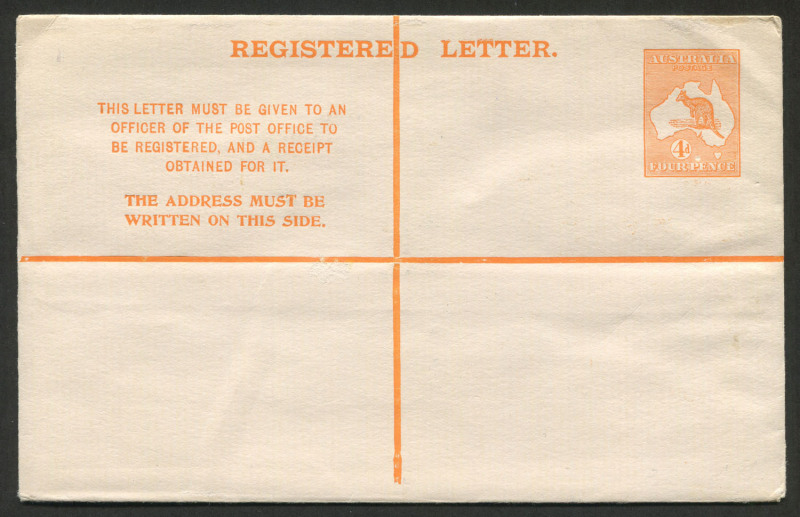 AUSTRALIA: Postal Stationery: Registration Envelopes: 1913 4d Kangaroo 'REGISTERED LETTER' at top Die IIB, variety "Large 'T' in 'MUST'", indicium with small surface abrasion, unused, BW: RE3d - Cat $250.