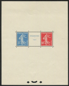 FRANCE: 1927 Strasbourg Exposition souvenir sheet, previosly hinged at top and at base, fine mint overall. Dallay: 263B - Cat ‚¬1100.