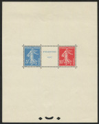 FRANCE: 1927 Strasbourg Exposition souvenir sheet, previosly hinged at top and at base, fine mint overall. Dallay: 263B - Cat ‚¬1100.