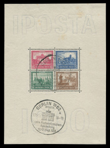 GERMANY: Selection comprising 1930 'IPOSTA' souvenir sheet (faint age stains at top) with IPOSTA (Berlin) commemorative datestamps, Michel Cat. ‚¬2000; 1935 'OSTROPA' souvenir sheet (age spotting) unused; ALLIED OCCUPATION 1949 Hanover Trade Fair M/S MUH; WEST GERMANY1956 Buildings & Monuments 30pf to 3Dm in MUH blocks of 4 (small tone 70pf). (2 souv. sheets + 28 stamps).