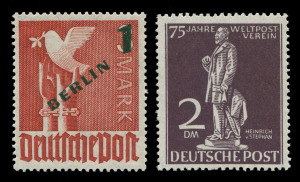 GERMANY: WEST BERLIN: 1949-1980 MUH collection in quality Schaubek hingeless album with better items including 1949 UPU (Cat.‚¬750), 1949 1m on 3m lake (Cat.‚¬250), 1949 Goethe 10pf & 30pf, 1950 ERP & Orchestra, 1951 Stamp Day, 1952-53 Freedom Bell 'Clapper at right' & 'Central clapper' sets, 1952 30pf Beethoven; 1954-1980 issues largely complete; condition generally very fine.