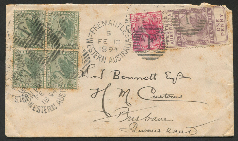 WESTERN AUSTRALIA - Postal History: 1894 (Feb.12) inter-colonial double-rate cover to Brisbane with Id Internal Revenue Postal Fiscal, plus 1d carmine & ½d green block of 4 tied by FREMANTLE 'FE12/1894' duplex cancels, on reverse PERTH transit & BRISBANE