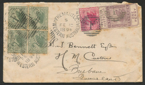 WESTERN AUSTRALIA - Postal History: 1894 (Feb.12) inter-colonial double-rate cover to Brisbane with Id Internal Revenue Postal Fiscal, plus 1d carmine & ½d green block of 4 tied by FREMANTLE 'FE12/1894' duplex cancels, on reverse PERTH transit & BRISBANE arrival datestamp, some toning.