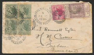 WESTERN AUSTRALIA - Postal History: 1894 (Feb.12) inter-colonial double-rate cover to Brisbane with Id Internal Revenue Postal Fiscal, plus 1d carmine & ½d green block of 4 tied by FREMANTLE 'FE12/1894' duplex cancels, on reverse PERTH transit & BRISBANE