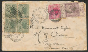 WESTERN AUSTRALIA - Postal History: 1894 (Feb.12) inter-colonial double-rate cover to Brisbane with Id Internal Revenue Postal Fiscal, plus 1d carmine & &frac12;d green block of 4 tied by FREMANTLE 'FE12/1894' duplex cancels, on reverse PERTH transit & BRISBANE