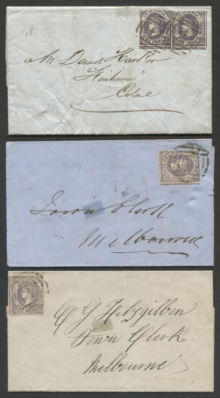 VICTORIA - Postal History: 1859 postal history trio with rouletted 2d Emblems Laid Paper frankings comprising (Feb. 7 & Feb.9) Melbourne local outers (2) addressed to "Town Clerk", each with a single 2d dull violet (SG.70a) tied by BN '1' cancels, MELBOU